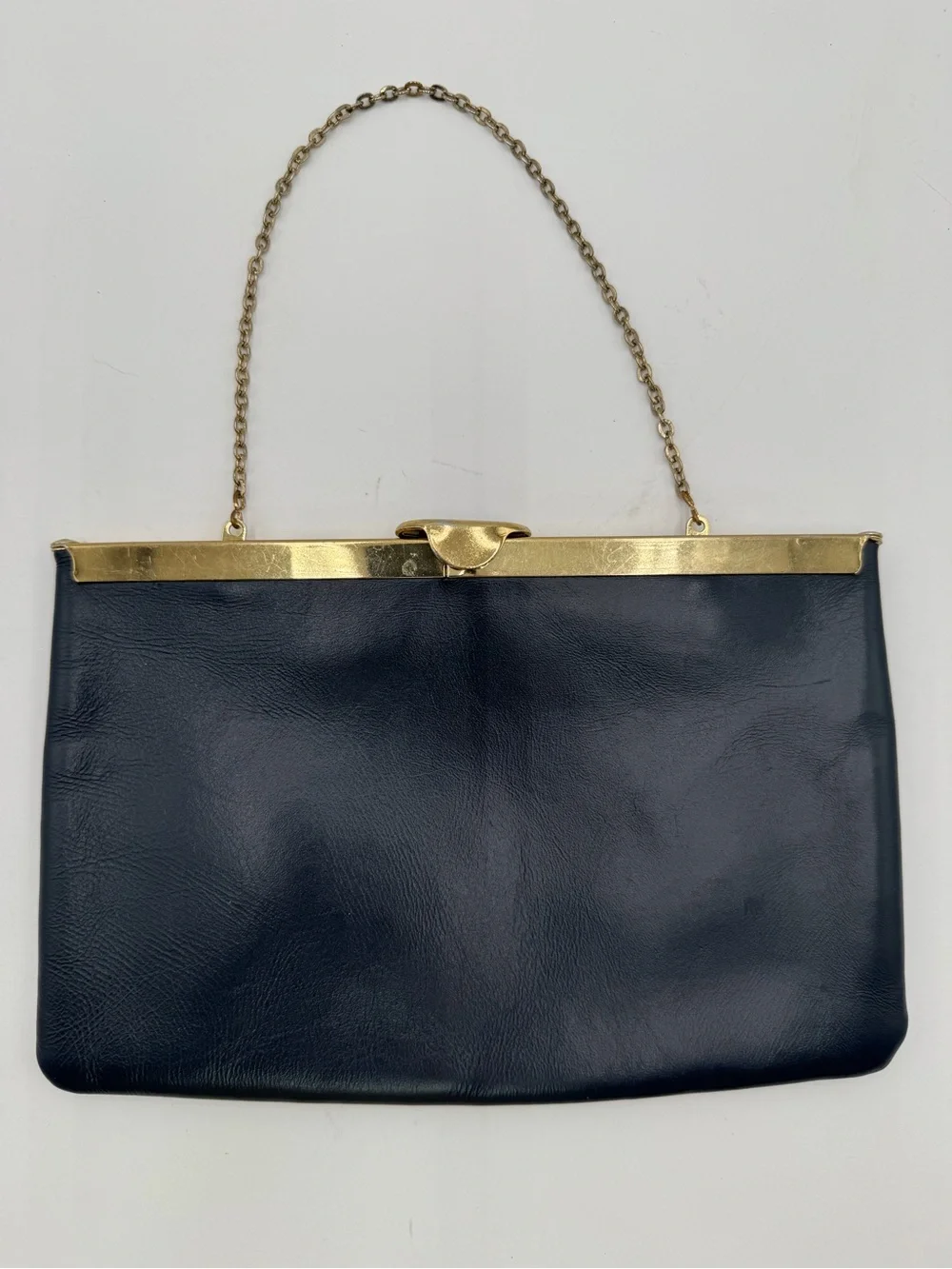 Vintage Etra Genuine Leather Navy Blue Clutch Purse Gold Chain Evening Bag
